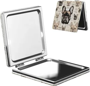 I Love French Bulldog Printed Square Pocket Makeup Mirror with 1X/2X Magnification, Portable Mini Travel Makeup Mirror for Travel Daily Work Beauty