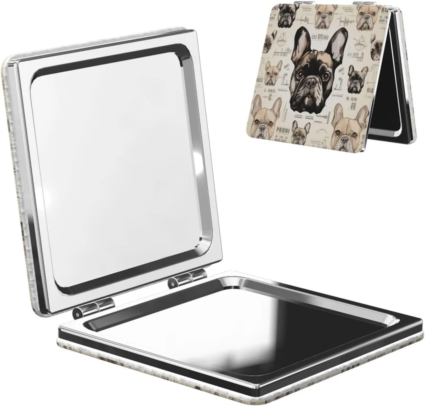 I Love French Bulldog Printed Square Pocket Makeup Mirror with 1X/2X Magnification, Portable Mini Travel Makeup Mirror for Travel Daily Work Beauty