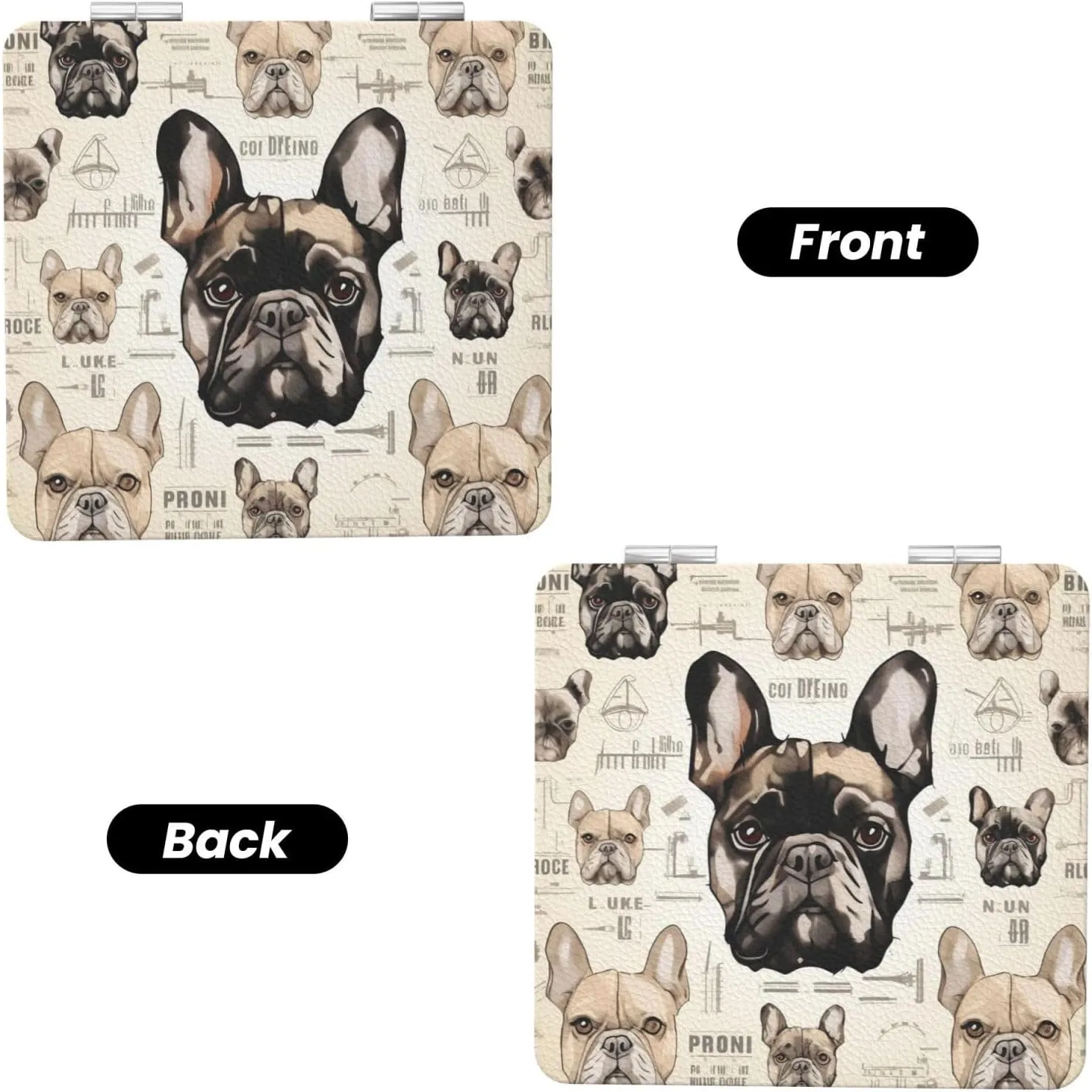 I Love French Bulldog Printed Square Pocket Makeup Mirror with 1X/2X Magnification, Portable Mini Travel Makeup Mirror for Travel Daily Work Beauty
