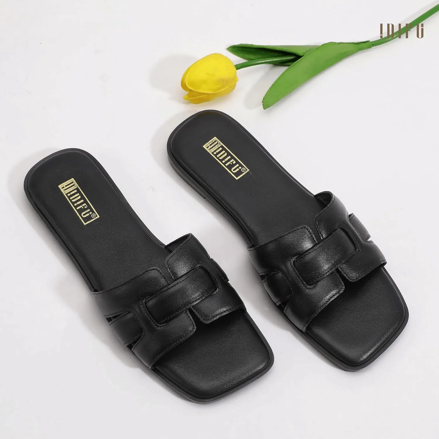 IDIFU Women's Flat Sandals Slip On Open Square Toe Slide Sandals for Women Comfortable Summer Dressy Cute Ladies Casual Trendy Fancy Fashion Cross Strap Beach Wedding Dress Sandals