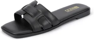 IDIFU Women's Flat Sandals Slip On Open Square Toe Slide Sandals for Women Comfortable Summer Dressy Cute Ladies Casual Trendy Fancy Fashion Cross Strap Beach Wedding Dress Sandals