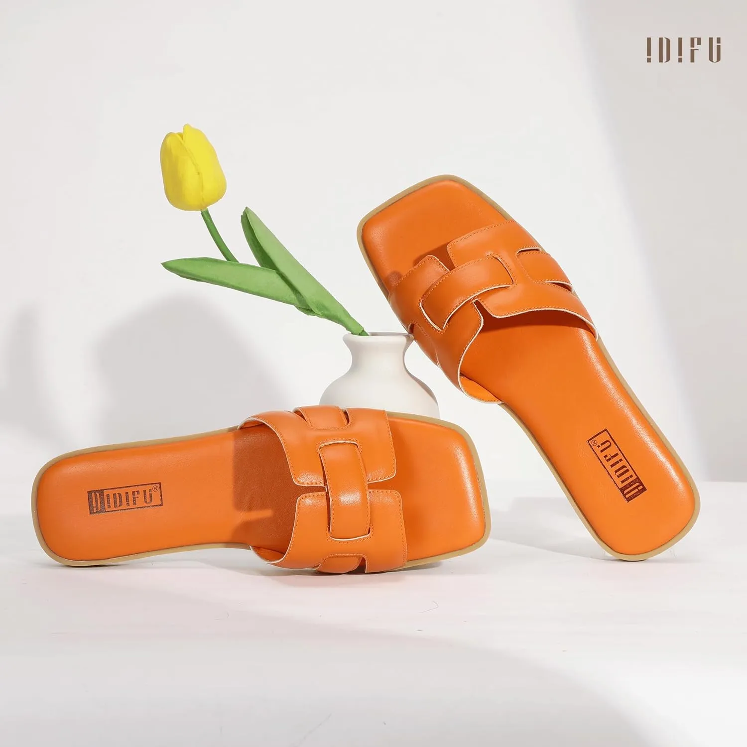 IDIFU Women's Flat Sandals Slip On Open Square Toe Slide Sandals for Women Comfortable Summer Dressy Cute Ladies Casual Trendy Fancy Fashion Cross Strap Beach Wedding Dress Sandals