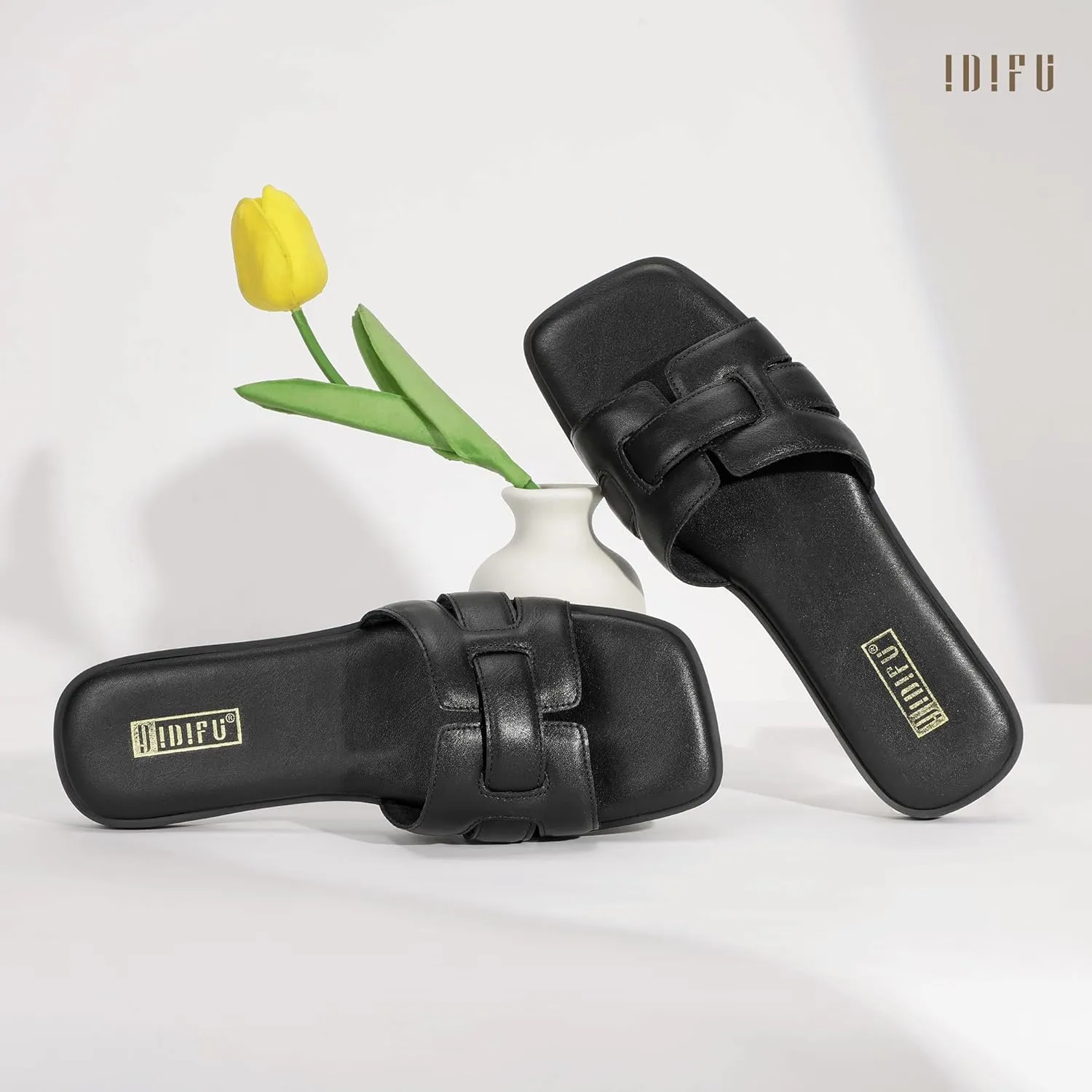 IDIFU Women's Flat Sandals Slip On Open Square Toe Slide Sandals for Women Comfortable Summer Dressy Cute Ladies Casual Trendy Fancy Fashion Cross Strap Beach Wedding Dress Sandals