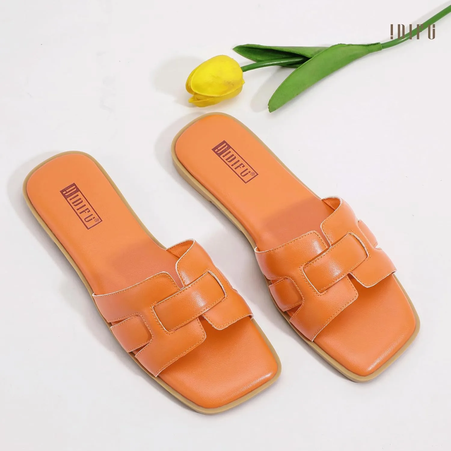 IDIFU Women's Flat Sandals Slip On Open Square Toe Slide Sandals for Women Comfortable Summer Dressy Cute Ladies Casual Trendy Fancy Fashion Cross Strap Beach Wedding Dress Sandals