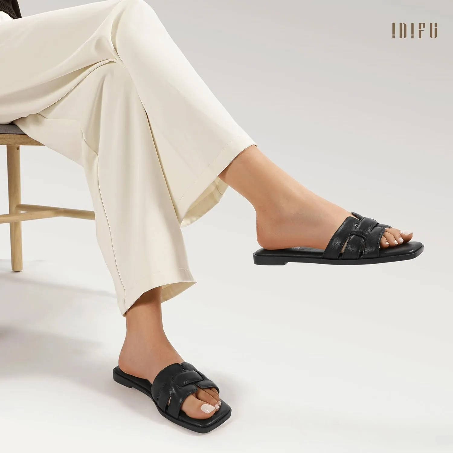 IDIFU Women's Flat Sandals Slip On Open Square Toe Slide Sandals for Women Comfortable Summer Dressy Cute Ladies Casual Trendy Fancy Fashion Cross Strap Beach Wedding Dress Sandals