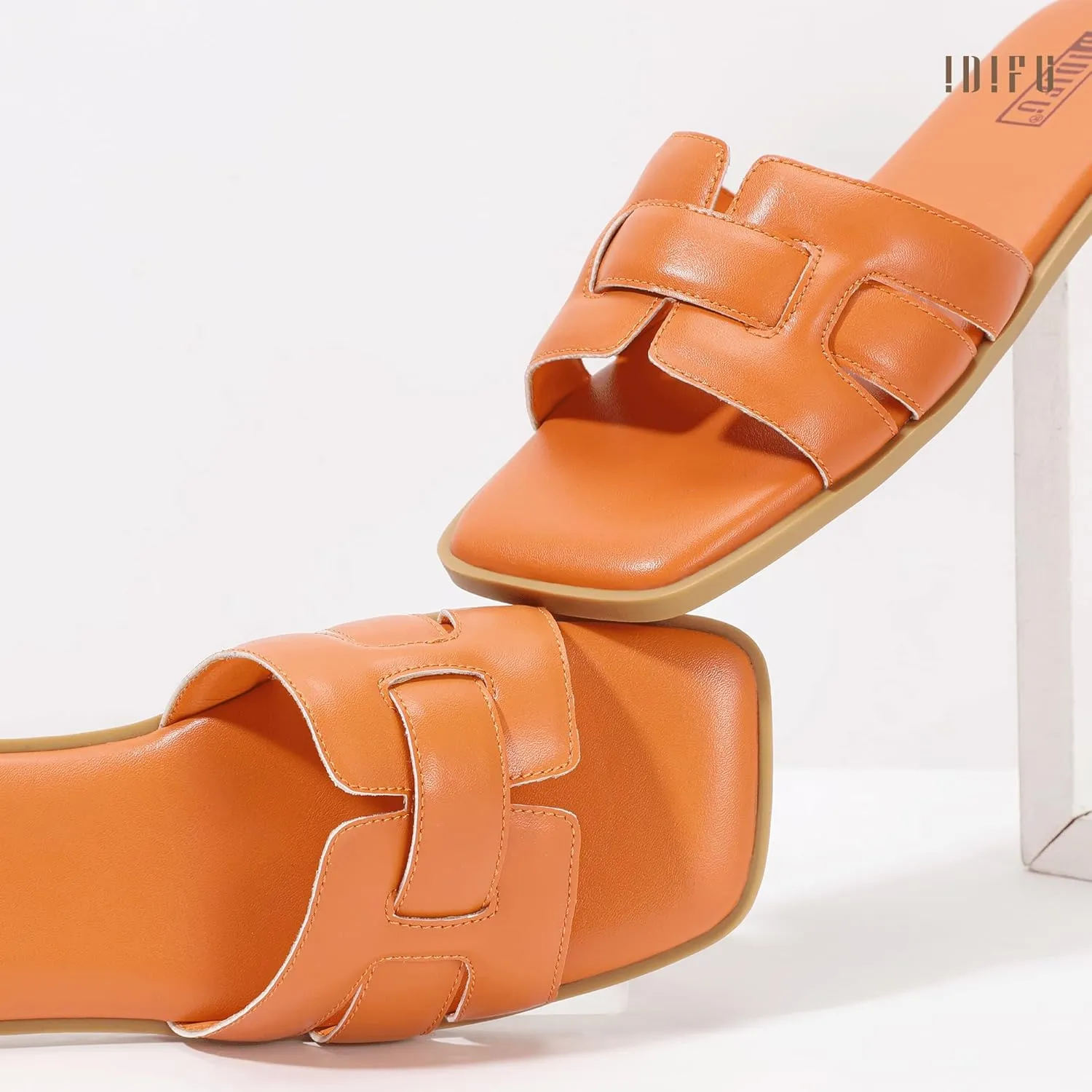 IDIFU Women's Flat Sandals Slip On Open Square Toe Slide Sandals for Women Comfortable Summer Dressy Cute Ladies Casual Trendy Fancy Fashion Cross Strap Beach Wedding Dress Sandals