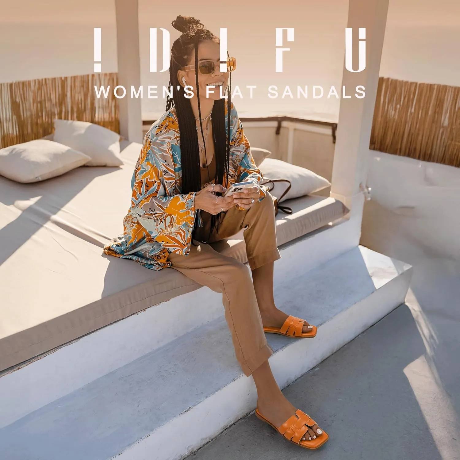 IDIFU Women's Flat Sandals Slip On Open Square Toe Slide Sandals for Women Comfortable Summer Dressy Cute Ladies Casual Trendy Fancy Fashion Cross Strap Beach Wedding Dress Sandals