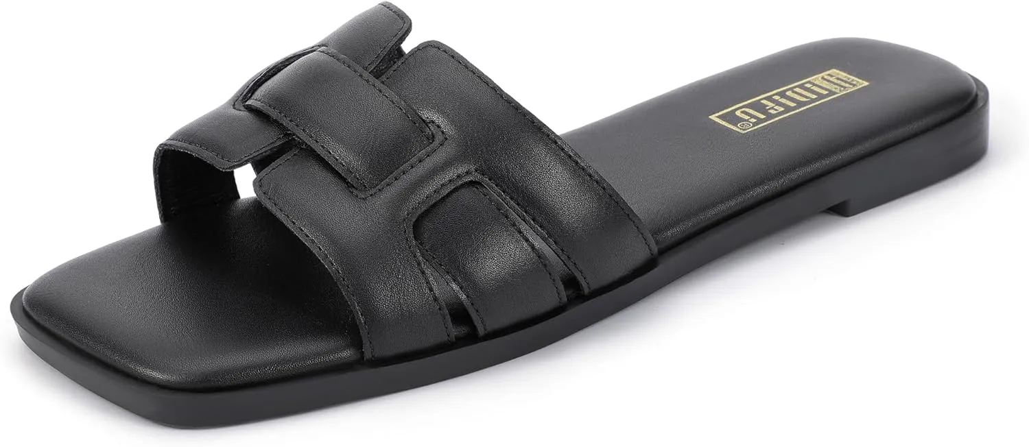 IDIFU Women's Flat Sandals Slip On Open Square Toe Slide Sandals for Women Comfortable Summer Dressy Cute Ladies Casual Trendy Fancy Fashion Cross Strap Beach Wedding Dress Sandals