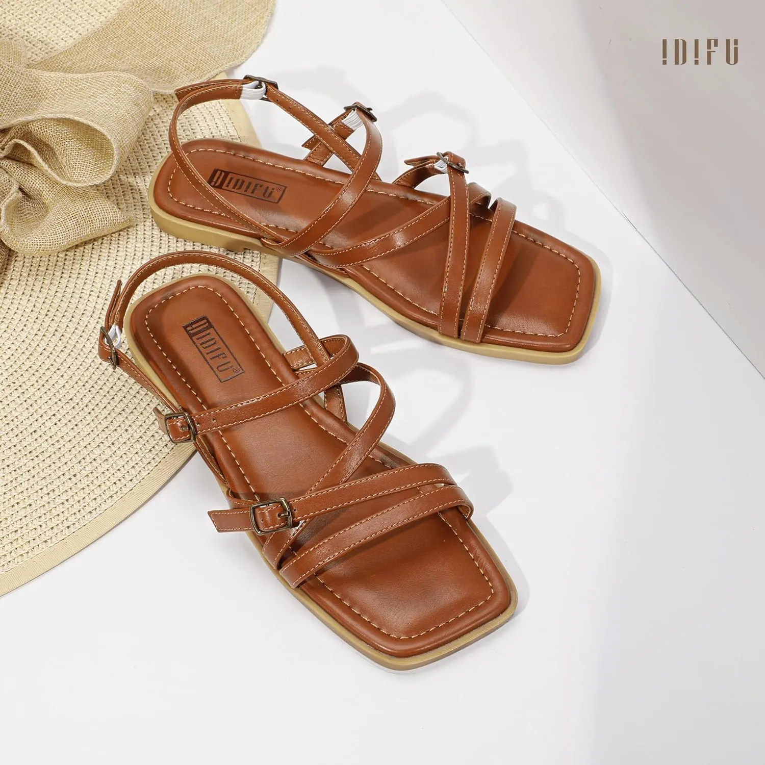 IDIFU Women's Strappy Sandals Square Open Toe Flats Sandals Gladiator Slingback Ankle Strap with Back Strap Summer Wedding Prom Work Party Comfortable Trendy Fashion Casual Dress Shoes
