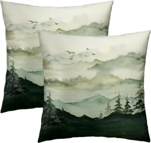 Imiss Dark Green Mountain Forest Throw Pillow Covers 18x18 Inch Set of 2 Foggy Nature Trees Woodland Square Cushion Cover for Home Sofa Couch Bedroom