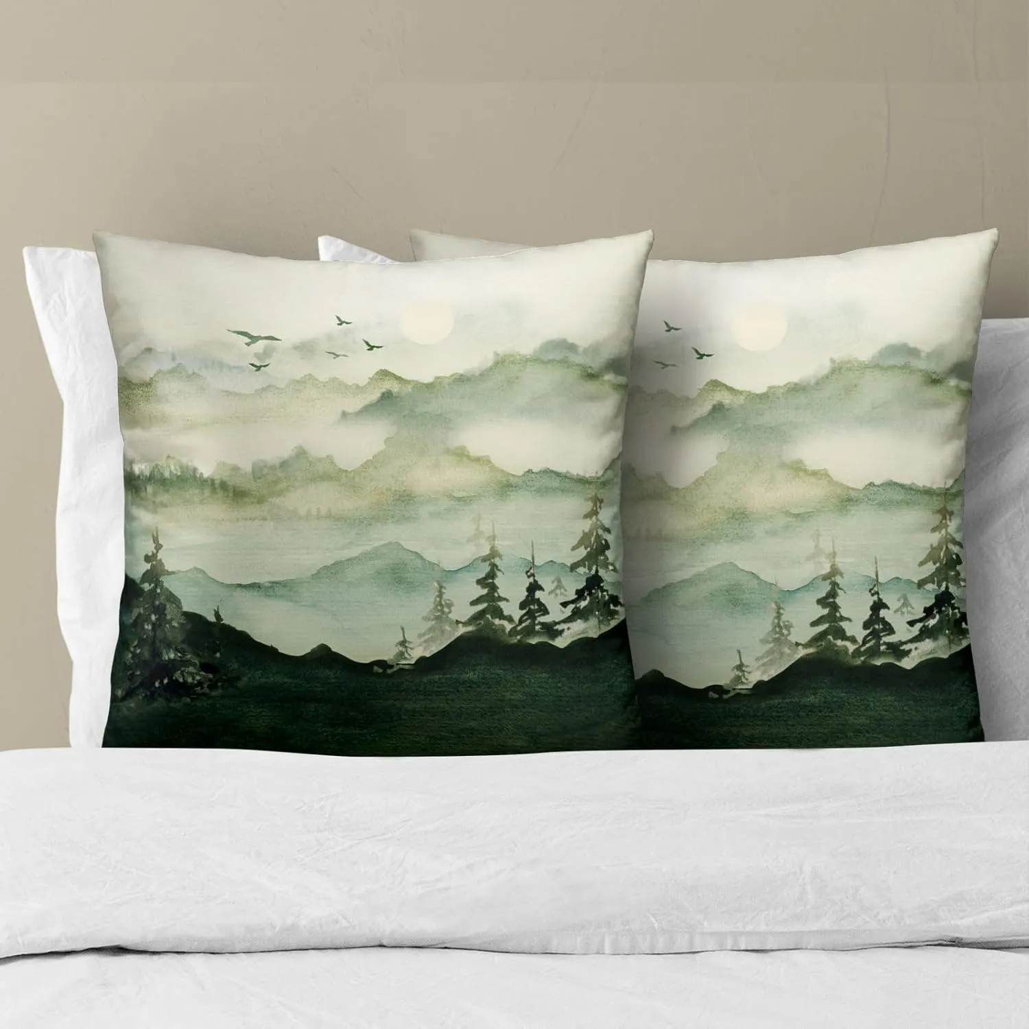 Imiss Dark Green Mountain Forest Throw Pillow Covers 18x18 Inch Set of 2 Foggy Nature Trees Woodland Square Cushion Cover for Home Sofa Couch Bedroom