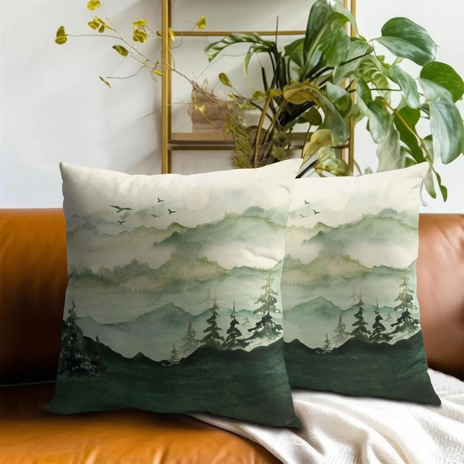 Imiss Dark Green Mountain Forest Throw Pillow Covers 18x18 Inch Set of 2 Foggy Nature Trees Woodland Square Cushion Cover for Home Sofa Couch Bedroom