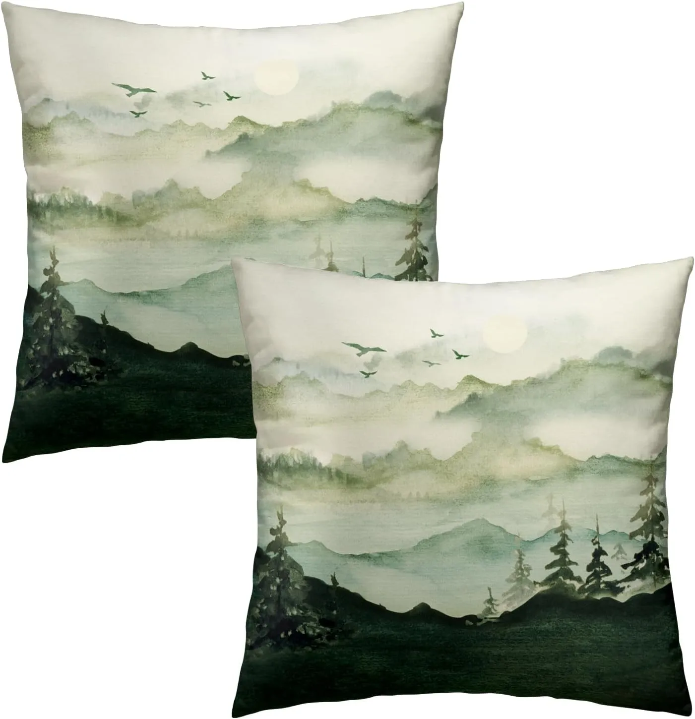 Imiss Dark Green Mountain Forest Throw Pillow Covers 18x18 Inch Set of 2 Foggy Nature Trees Woodland Square Cushion Cover for Home Sofa Couch Bedroom
