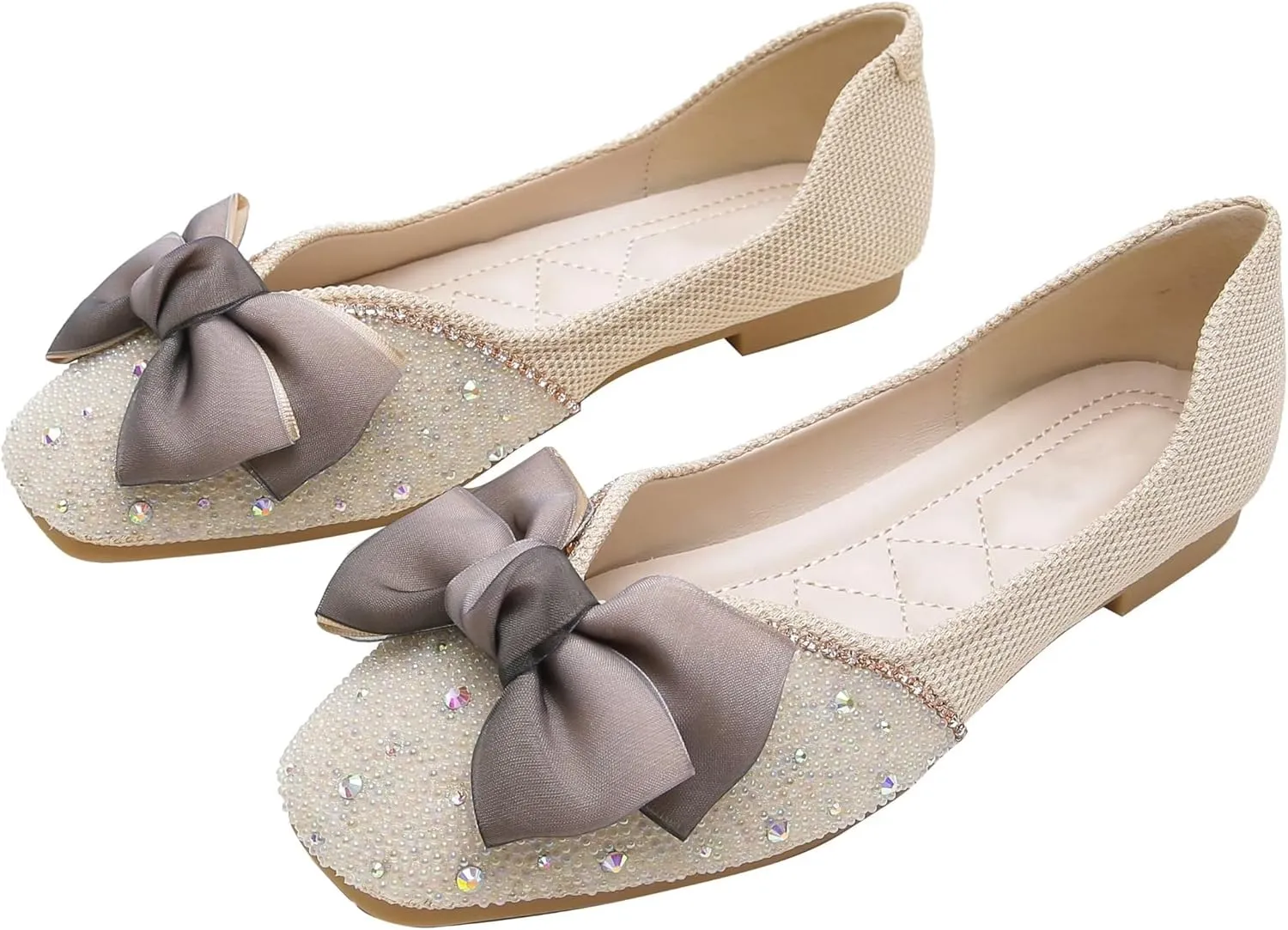 INEELUYI Women's Square Toe V Cut Rhinestone Ring Dress Flats Shoes Slip on Soft Wedding Dress Ballets Flats