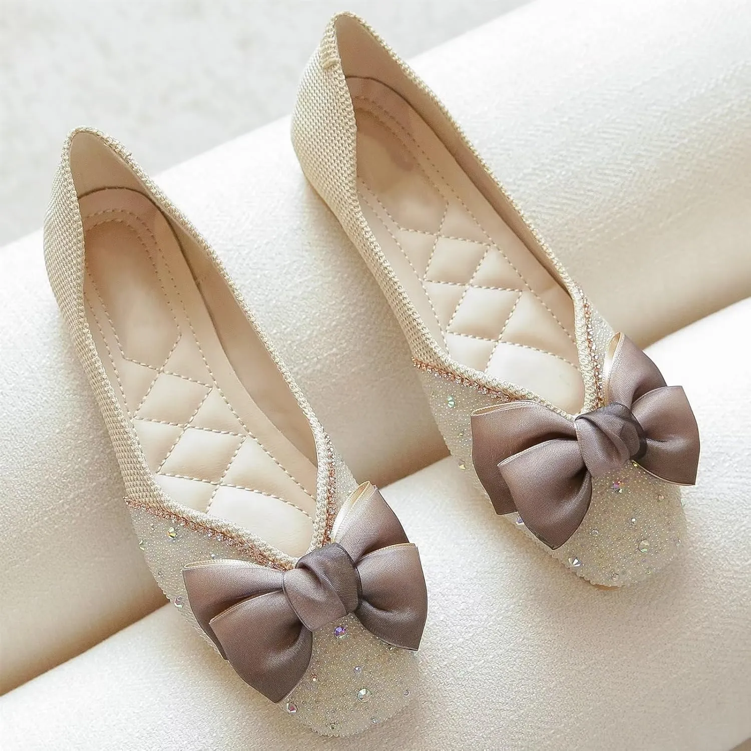 INEELUYI Women's Square Toe V Cut Rhinestone Ring Dress Flats Shoes Slip on Soft Wedding Dress Ballets Flats