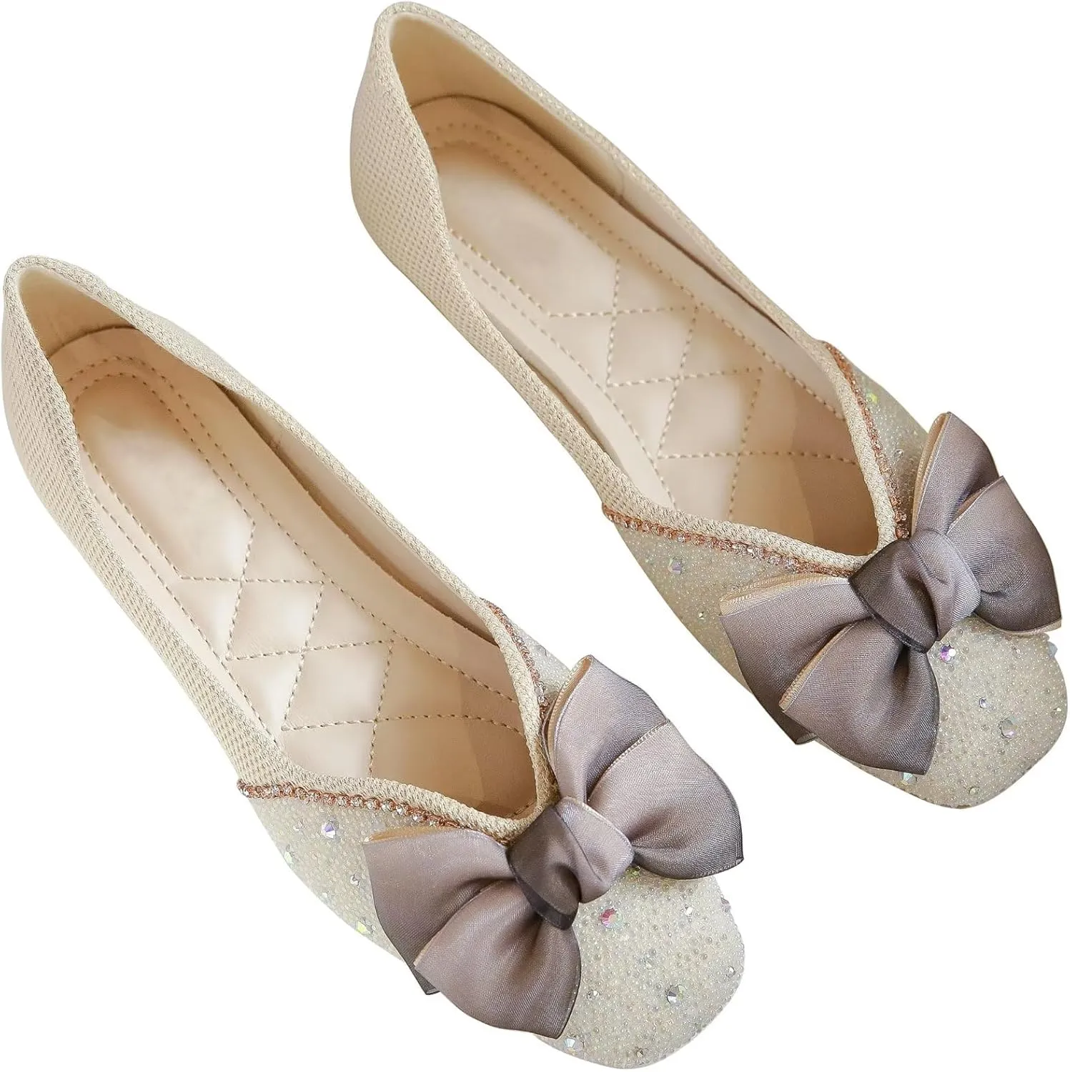 INEELUYI Women's Square Toe V Cut Rhinestone Ring Dress Flats Shoes Slip on Soft Wedding Dress Ballets Flats