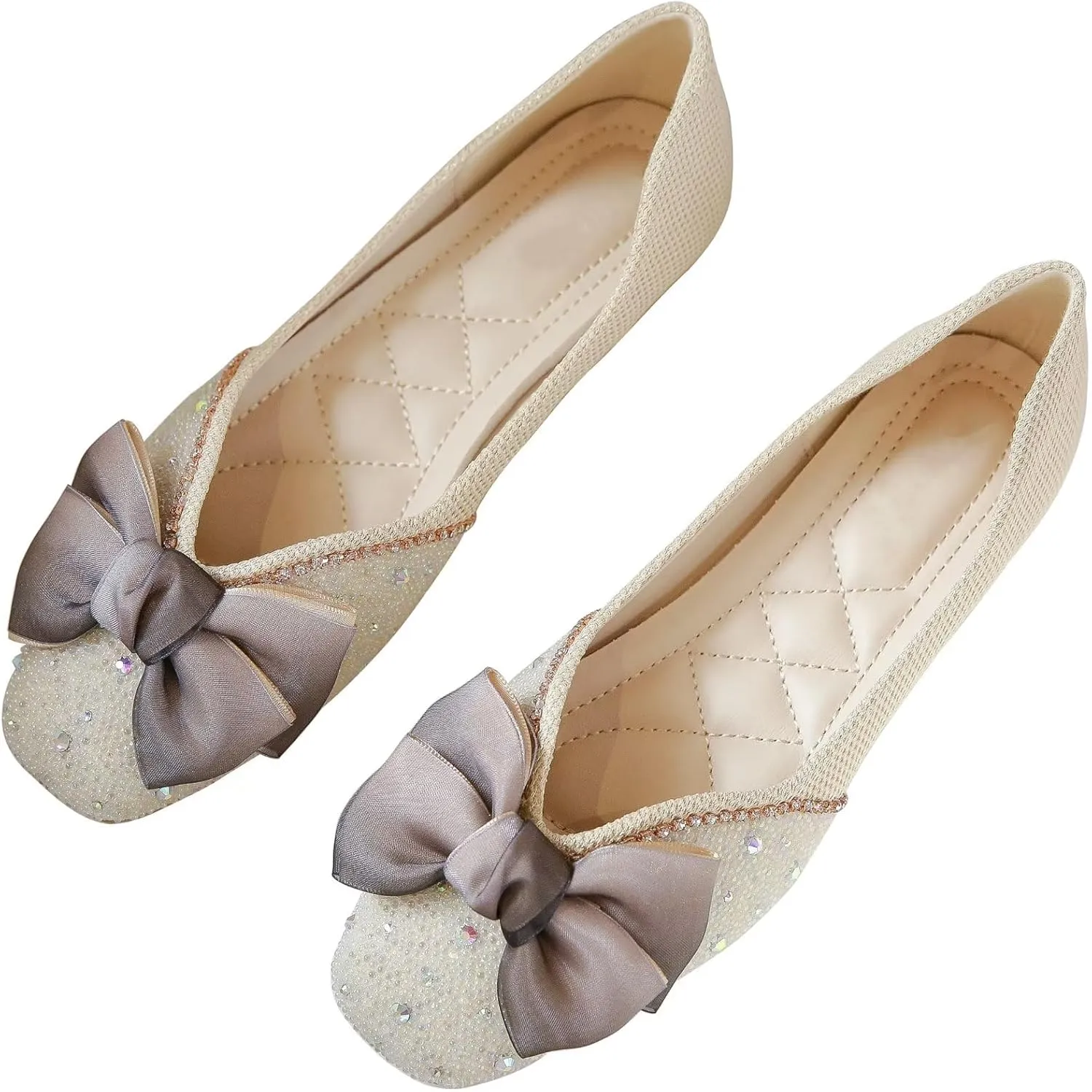 INEELUYI Women's Square Toe V Cut Rhinestone Ring Dress Flats Shoes Slip on Soft Wedding Dress Ballets Flats
