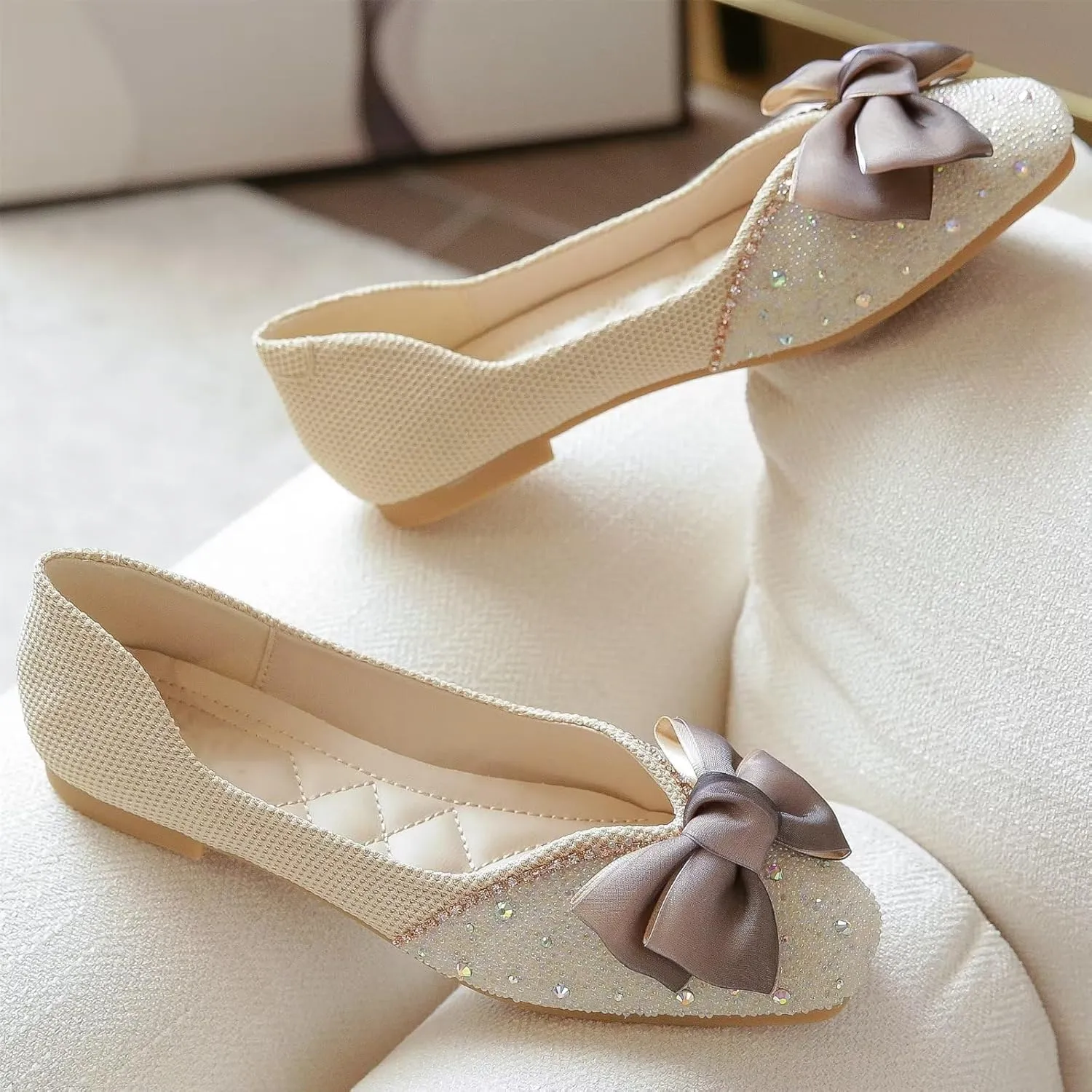 INEELUYI Women's Square Toe V Cut Rhinestone Ring Dress Flats Shoes Slip on Soft Wedding Dress Ballets Flats