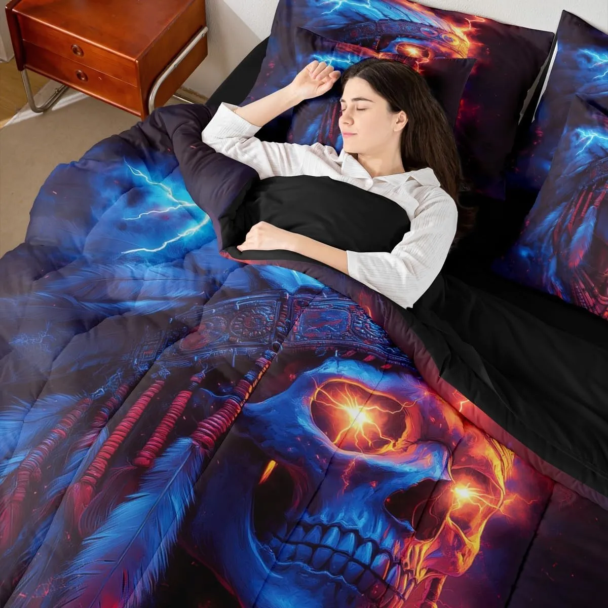 jejeloiu Boys Girls Skull Decor Bed in a Set Full Size 7 Pieces, Boho Exotic Bedding Set Bohemian Comforter Set with Sheets Kids Bones Teens Bedroom Decor 7Pcs