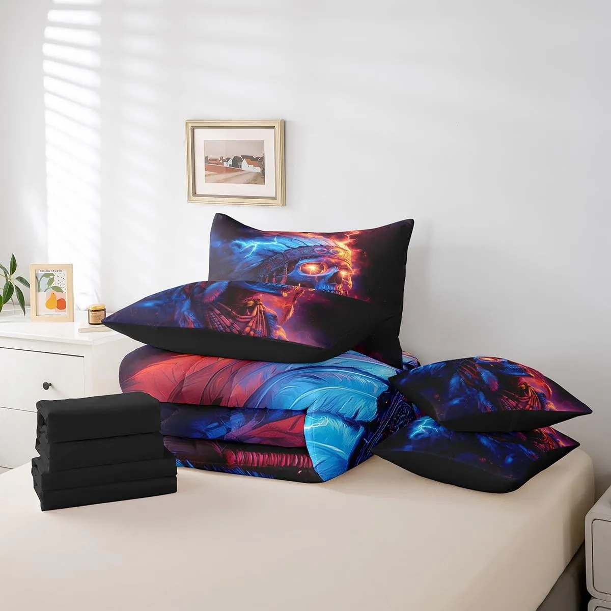 jejeloiu Boys Girls Skull Decor Bed in a Set Full Size 7 Pieces, Boho Exotic Bedding Set Bohemian Comforter Set with Sheets Kids Bones Teens Bedroom Decor 7Pcs