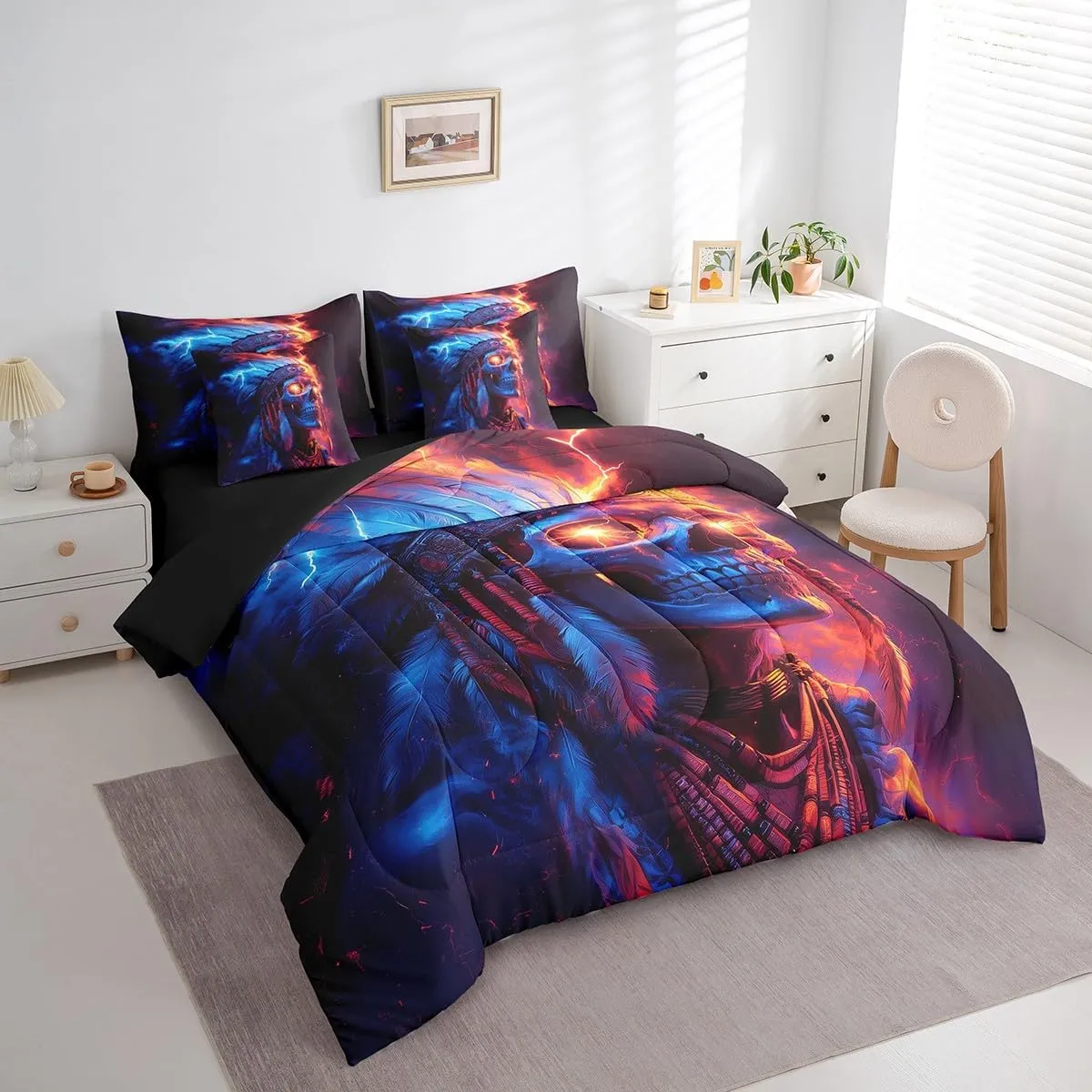 jejeloiu Boys Girls Skull Decor Bed in a Set Full Size 7 Pieces, Boho Exotic Bedding Set Bohemian Comforter Set with Sheets Kids Bones Teens Bedroom Decor 7Pcs