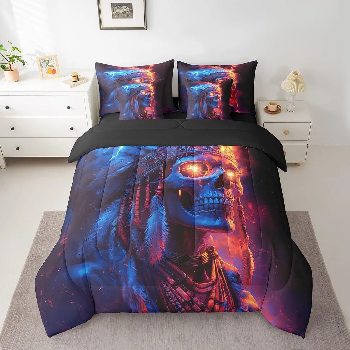 jejeloiu Boys Girls Skull Decor Bed in a Set Full Size 7 Pieces, Boho Exotic Bedding Set Bohemian Comforter Set with Sheets Kids Bones Teens Bedroom Decor 7Pcs