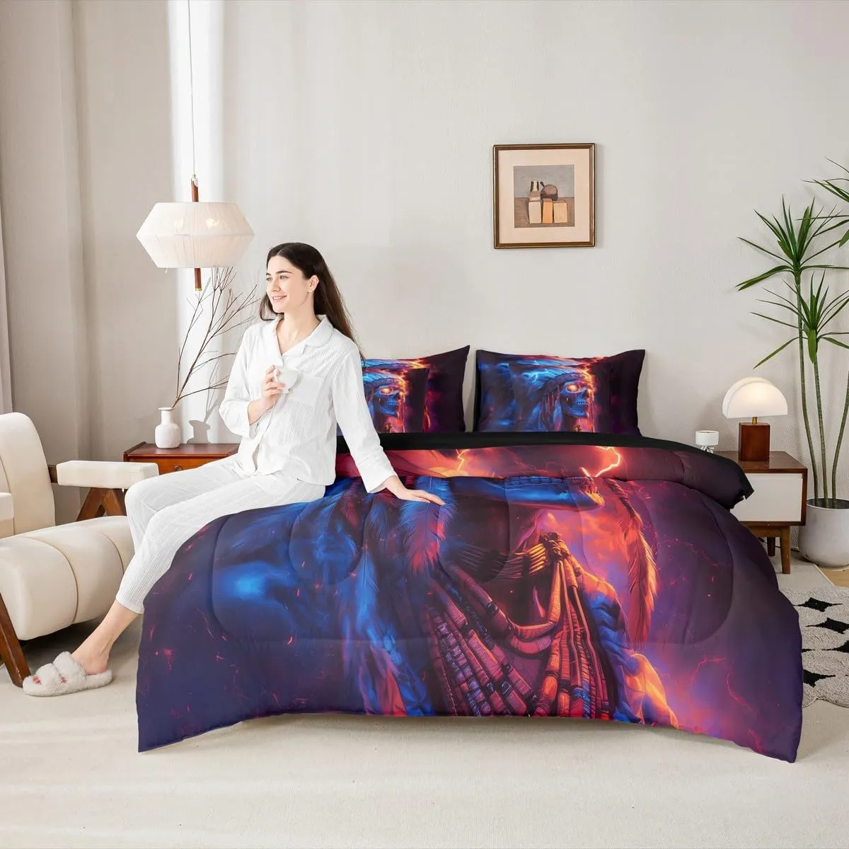 jejeloiu Boys Girls Skull Decor Bed in a Set Full Size 7 Pieces, Boho Exotic Bedding Set Bohemian Comforter Set with Sheets Kids Bones Teens Bedroom Decor 7Pcs