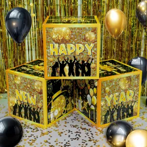 KatchOn, Happy New Years Decorations 2025 - Pack of 3 | New Year Balloon Boxes 2025 for NYE Decorations 2025 | Black & Gold New Year Balloons & Confetti Boxes