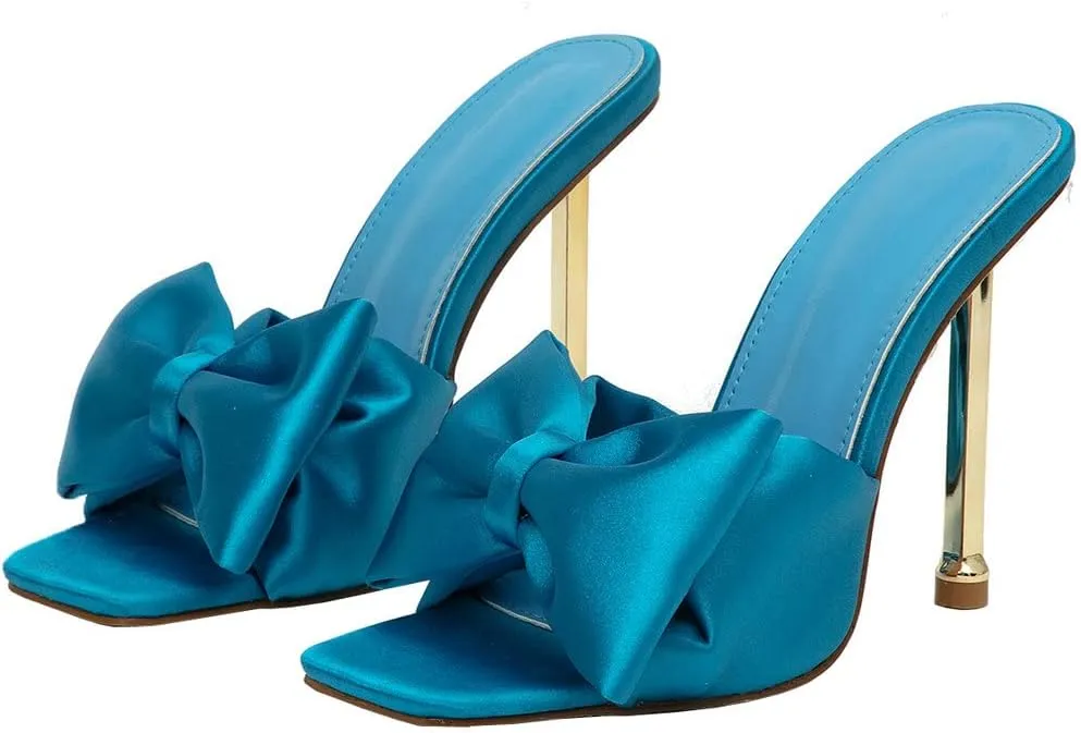 KOKOMOMO Womens Bow High Heels Mules Stiletto Slides Mule Heels Open Toe Heeled Sandals with Bowknot