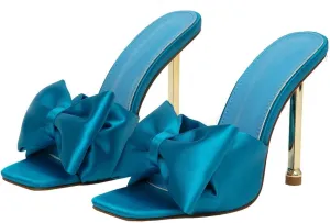 KOKOMOMO Womens Bow High Heels Mules Stiletto Slides Mule Heels Open Toe Heeled Sandals with Bowknot