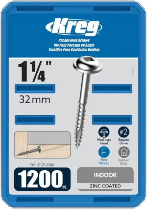 Kreg SML-F125-1200 Zinc Pocket Screws, 1 1/4 Inch, #7 Fine Thread, Maxi-Loc Head (1200 Count)