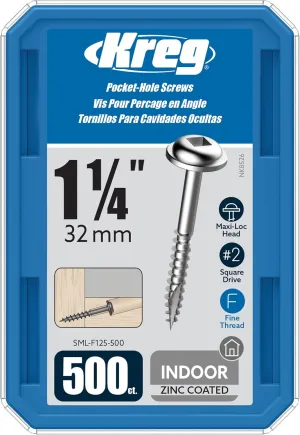 Kreg SML-F125-500 Zinc Pocket Screws, 1 1/4 Inch, 7 Fine Thread, Maxi-Loc Head (500 Count)