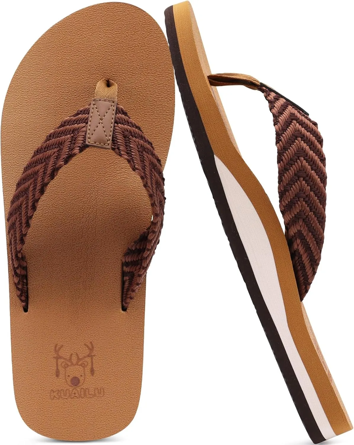 KuaiLu Men's Leather Flip Flops Arch Support Summer Beach Pool Water Thong Sandals Waterproof Rubber Walking Shoes