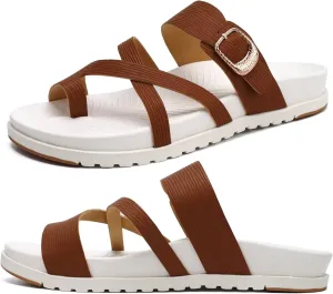 KuaiLu Womens Orthopedic Sandals With Comfortable Arch Support Cushion Yoga Mat Slides Fashion Summer Beach Flat Sandles Adjustable Open Toe Travel Outdoor Plantar Fasciitis Flip Flops US Size 5-11