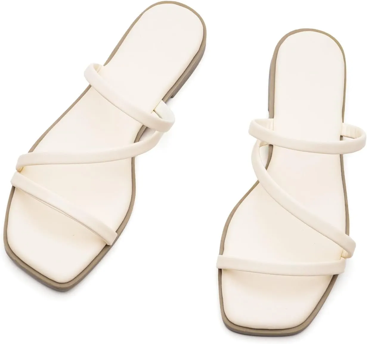 LACUONE Strappy Flat Sandals For Women Slip On Square Open Toe Slides Sandals
