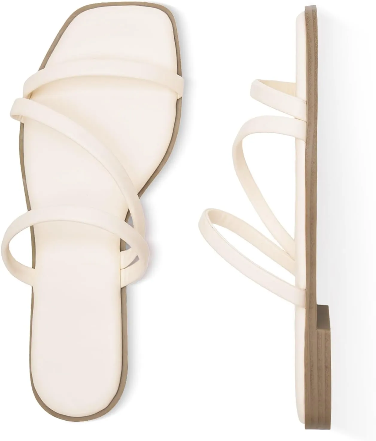 LACUONE Strappy Flat Sandals For Women Slip On Square Open Toe Slides Sandals
