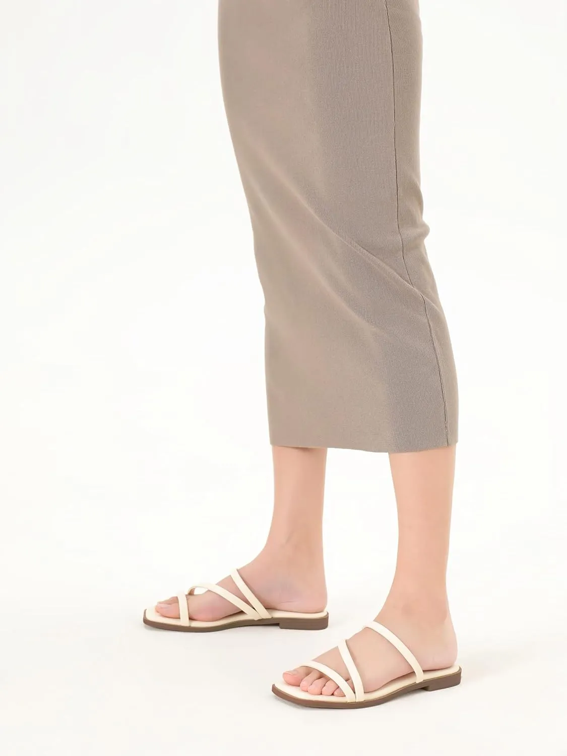 LACUONE Strappy Flat Sandals For Women Slip On Square Open Toe Slides Sandals