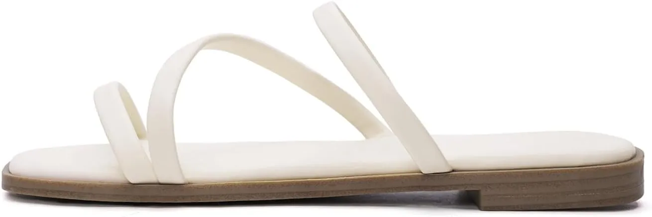 LACUONE Strappy Flat Sandals For Women Slip On Square Open Toe Slides Sandals
