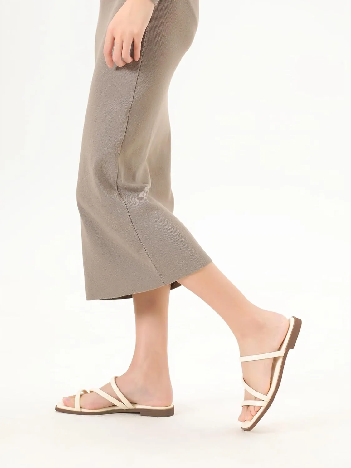 LACUONE Strappy Flat Sandals For Women Slip On Square Open Toe Slides Sandals