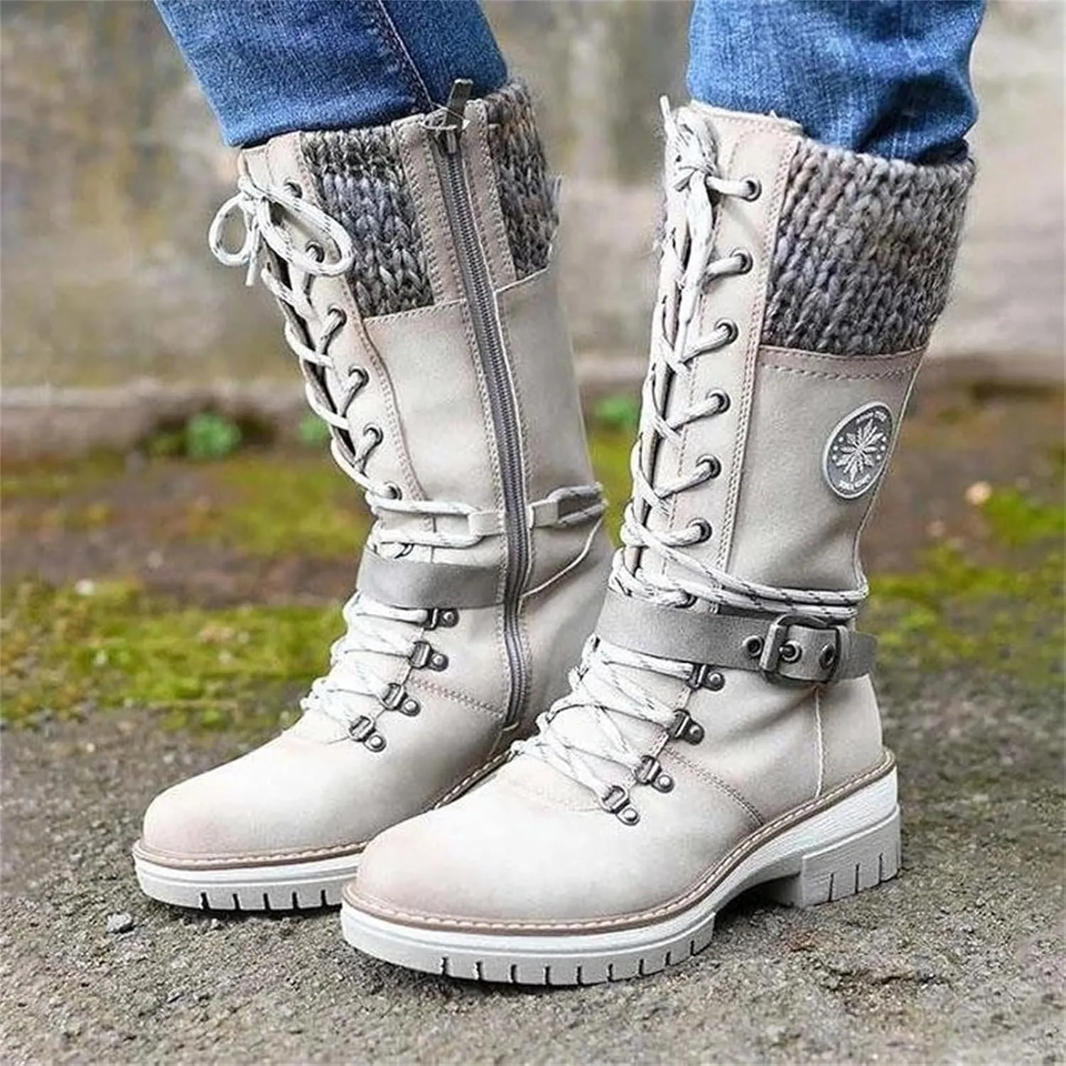 Lausiuoe Boots For Women Low Heel Mid Calf Pull On Winter Boots Side Zip Slouchy Western Cowboy Booties Non Slip Outdoor Shoes