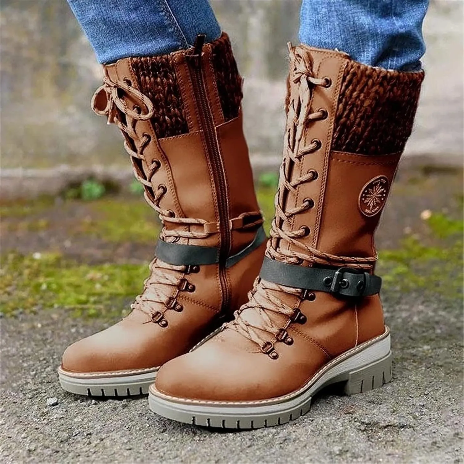 Lausiuoe Boots For Women Low Heel Mid Calf Pull On Winter Boots Side Zip Slouchy Western Cowboy Booties Non Slip Outdoor Shoes