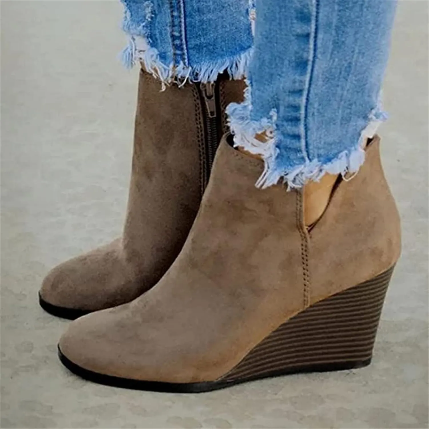 Lausiuoe Wedge Booties For Women Closed Toe Ankle Boots Slip on Heeled Casual Fashion Western Platform Fall Booties