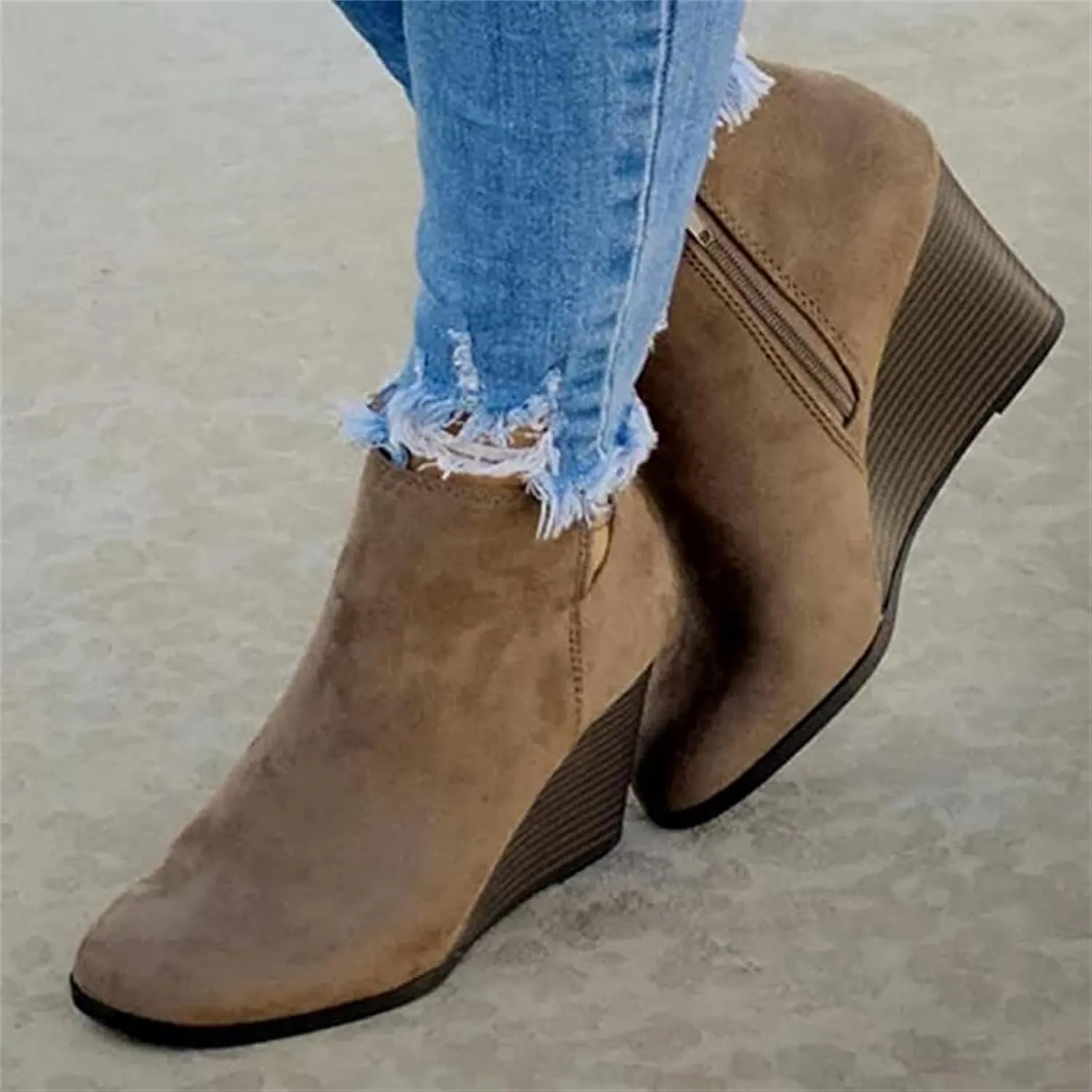 Lausiuoe Wedge Booties For Women Closed Toe Ankle Boots Slip on Heeled Casual Fashion Western Platform Fall Booties
