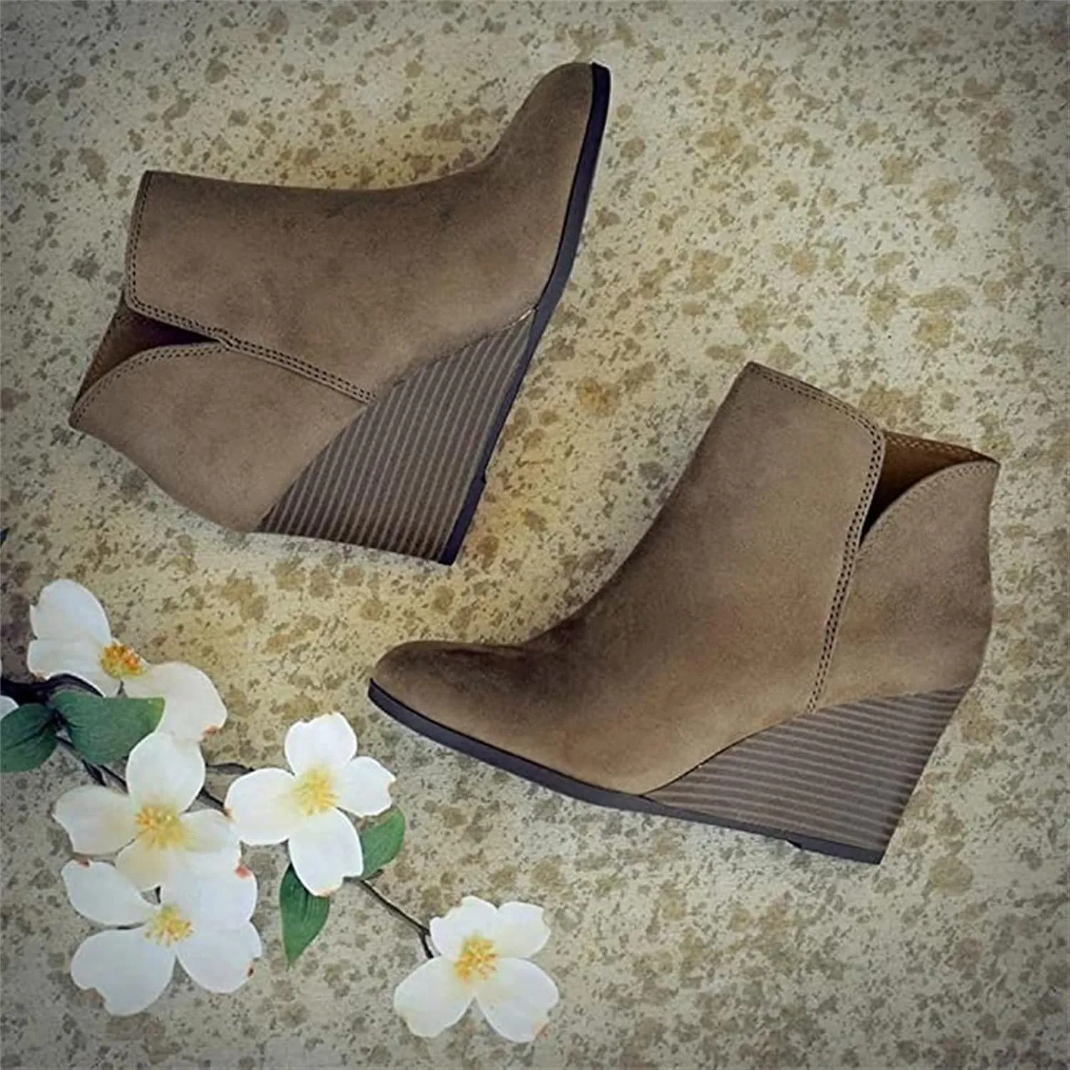 Lausiuoe Wedge Booties For Women Closed Toe Ankle Boots Slip on Heeled Casual Fashion Western Platform Fall Booties