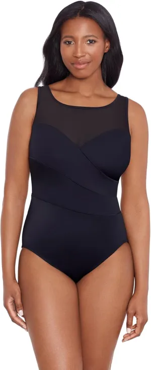 Longitude Women's Swimwear Mesh High Neck Long Torso One Piece Swimsuit