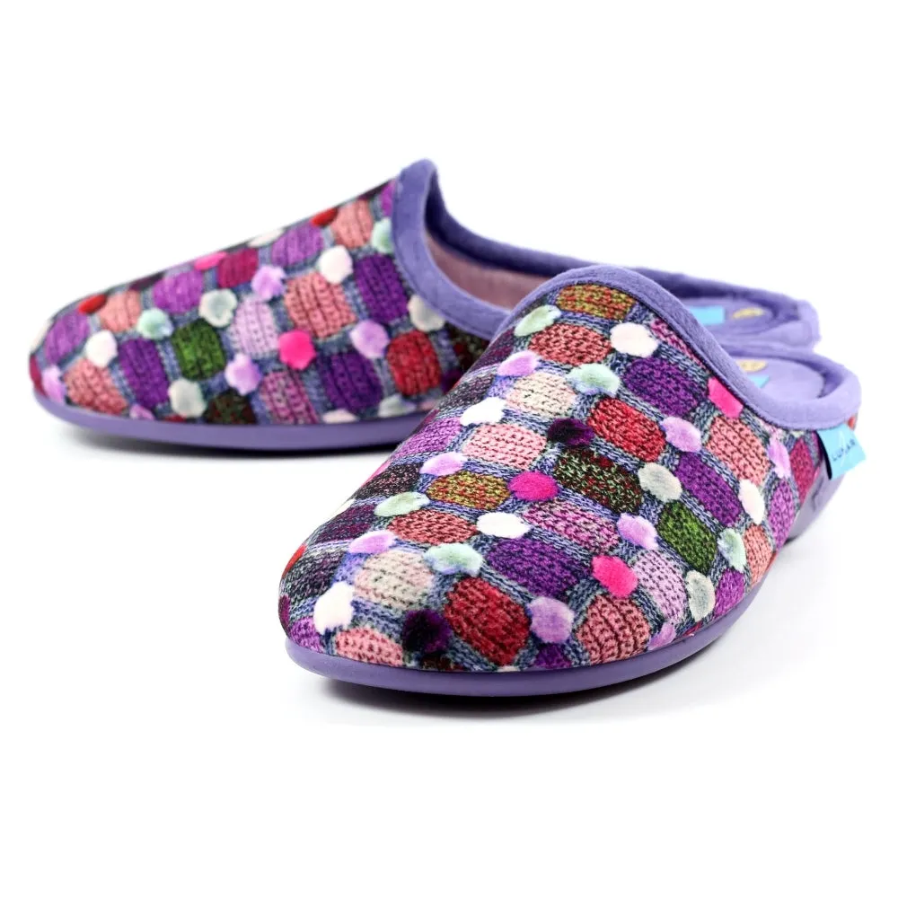 Lunar Crackle Women's Padded Insole Patterned Machine Washable Mule Slipper Pom Pom Effect Purple