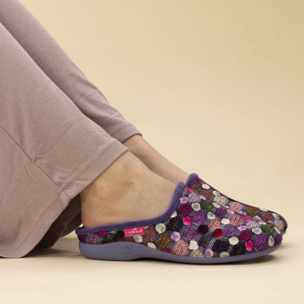 Lunar Crackle Women's Padded Insole Patterned Machine Washable Mule Slipper Pom Pom Effect Purple