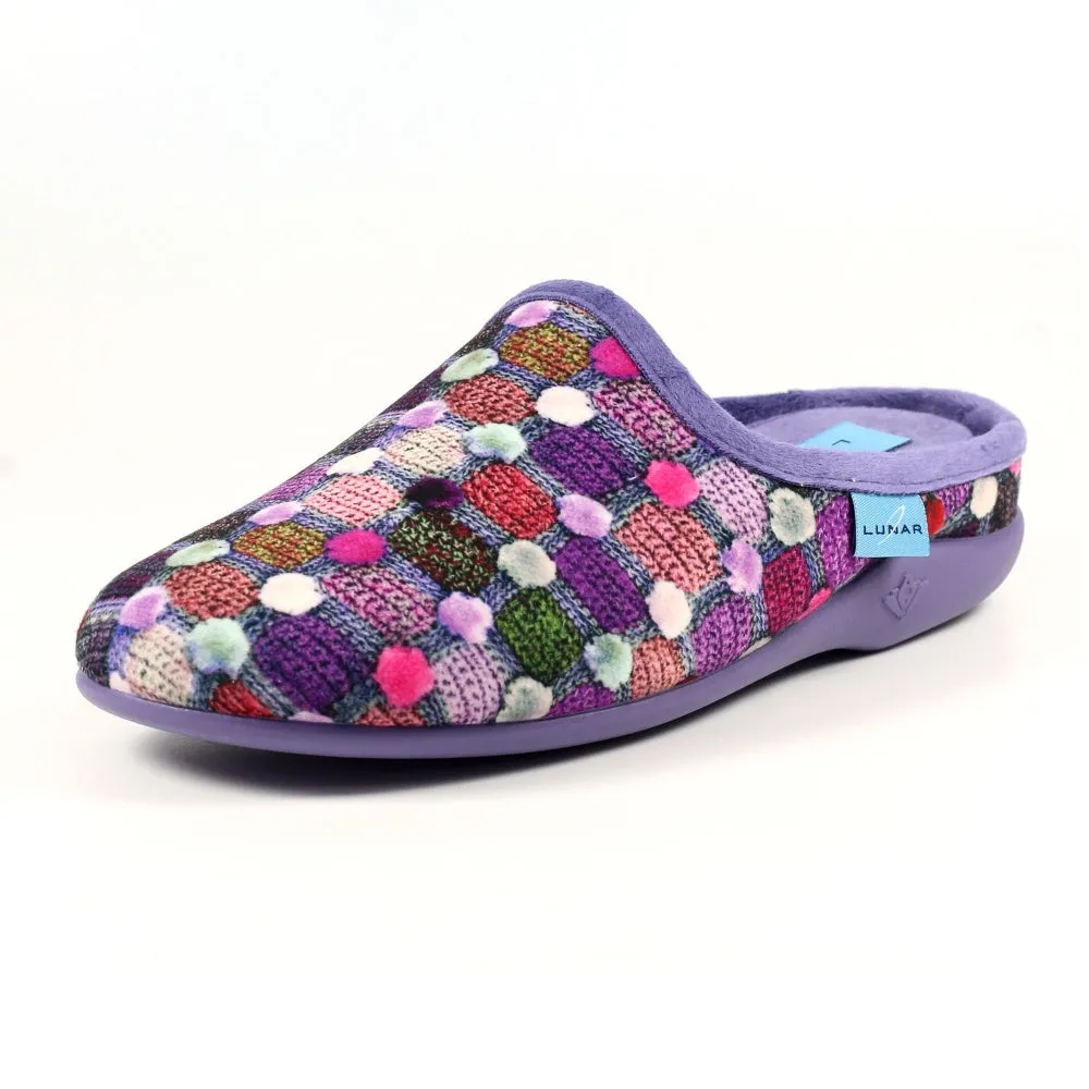 Lunar Crackle Women's Padded Insole Patterned Machine Washable Mule Slipper Pom Pom Effect Purple