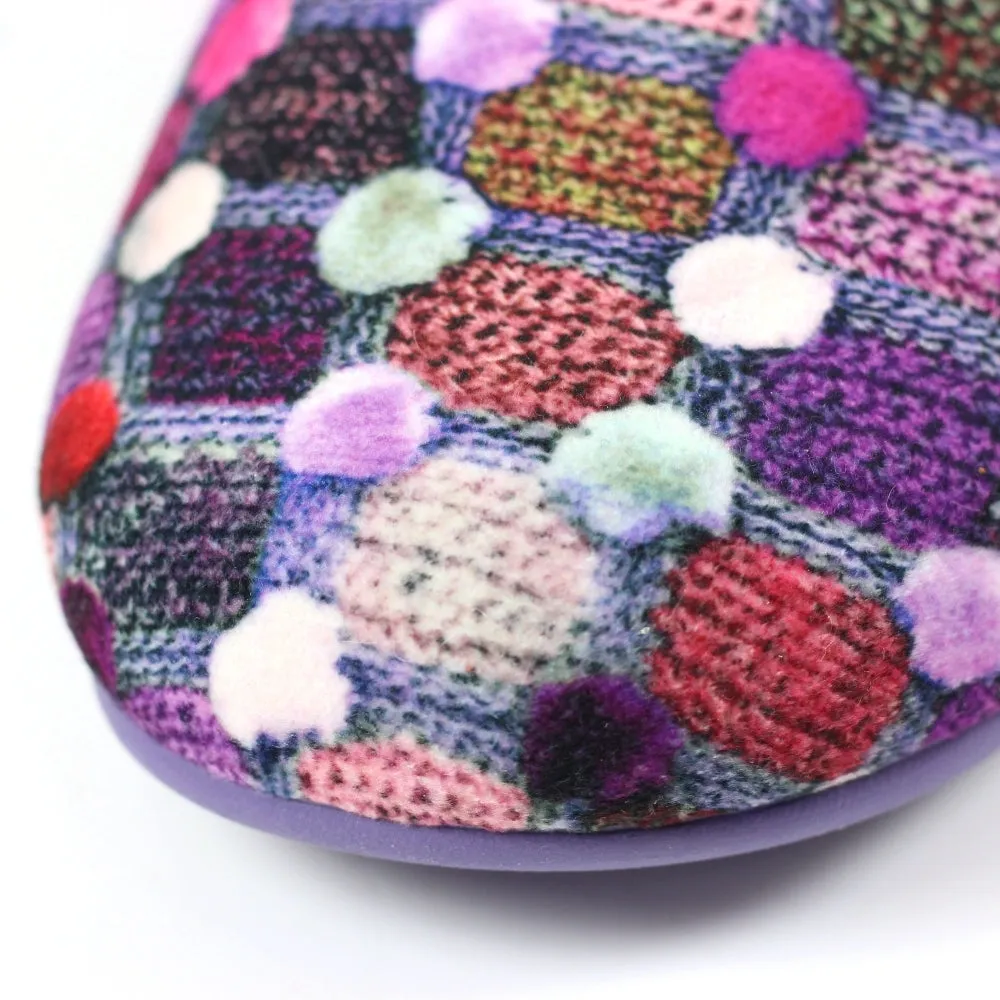 Lunar Crackle Women's Padded Insole Patterned Machine Washable Mule Slipper Pom Pom Effect Purple