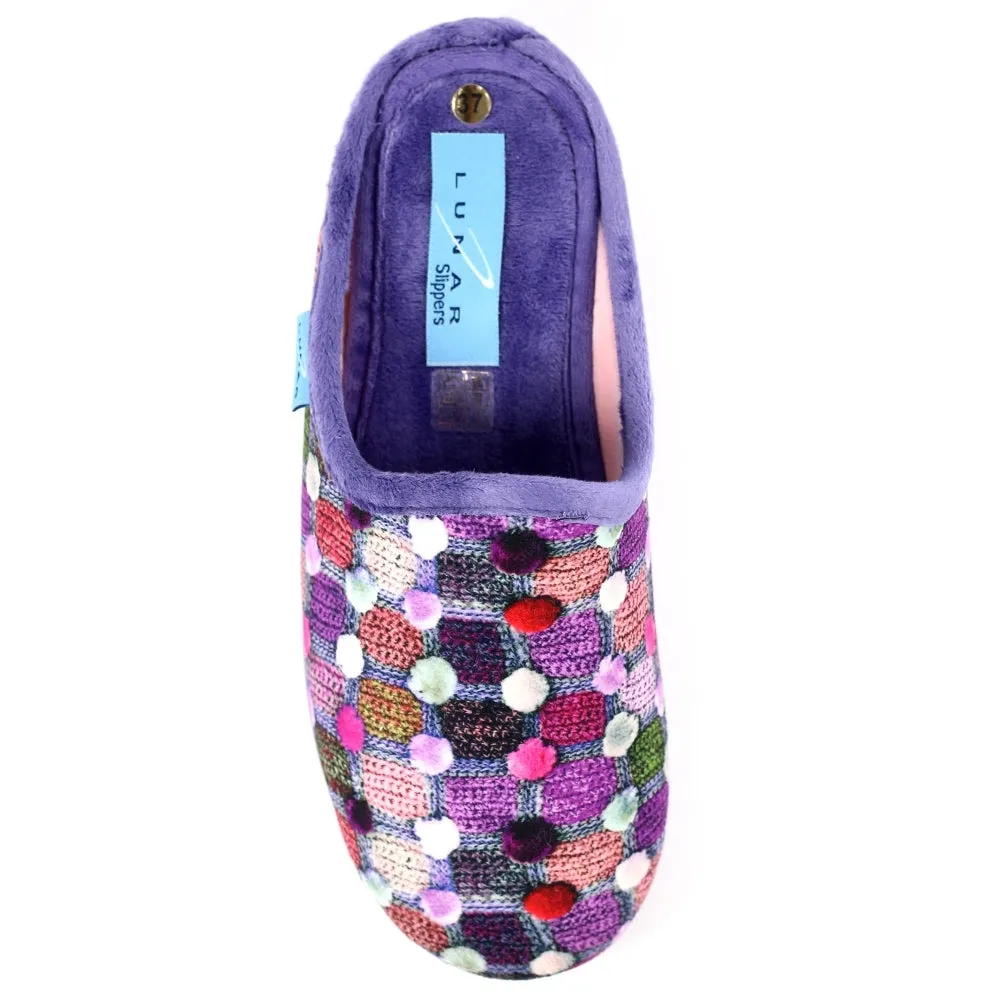 Lunar Crackle Women's Padded Insole Patterned Machine Washable Mule Slipper Pom Pom Effect Purple